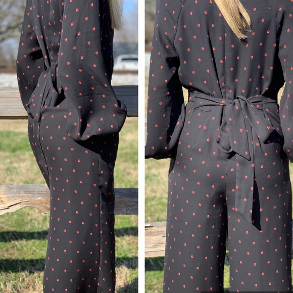 🔥MAISON JULES🔥WIDE-LEG JUMPSUIT PRINTED LADYBUGS BLACK/RED SIZE 4 NWT - Picture 3 of 6